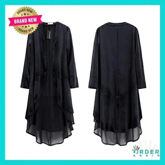 Velvet Blazer Coat Asymmetric Ruffled Long Sleeve Elegant Chic Cardigan Jacket - Picture 7 of 8